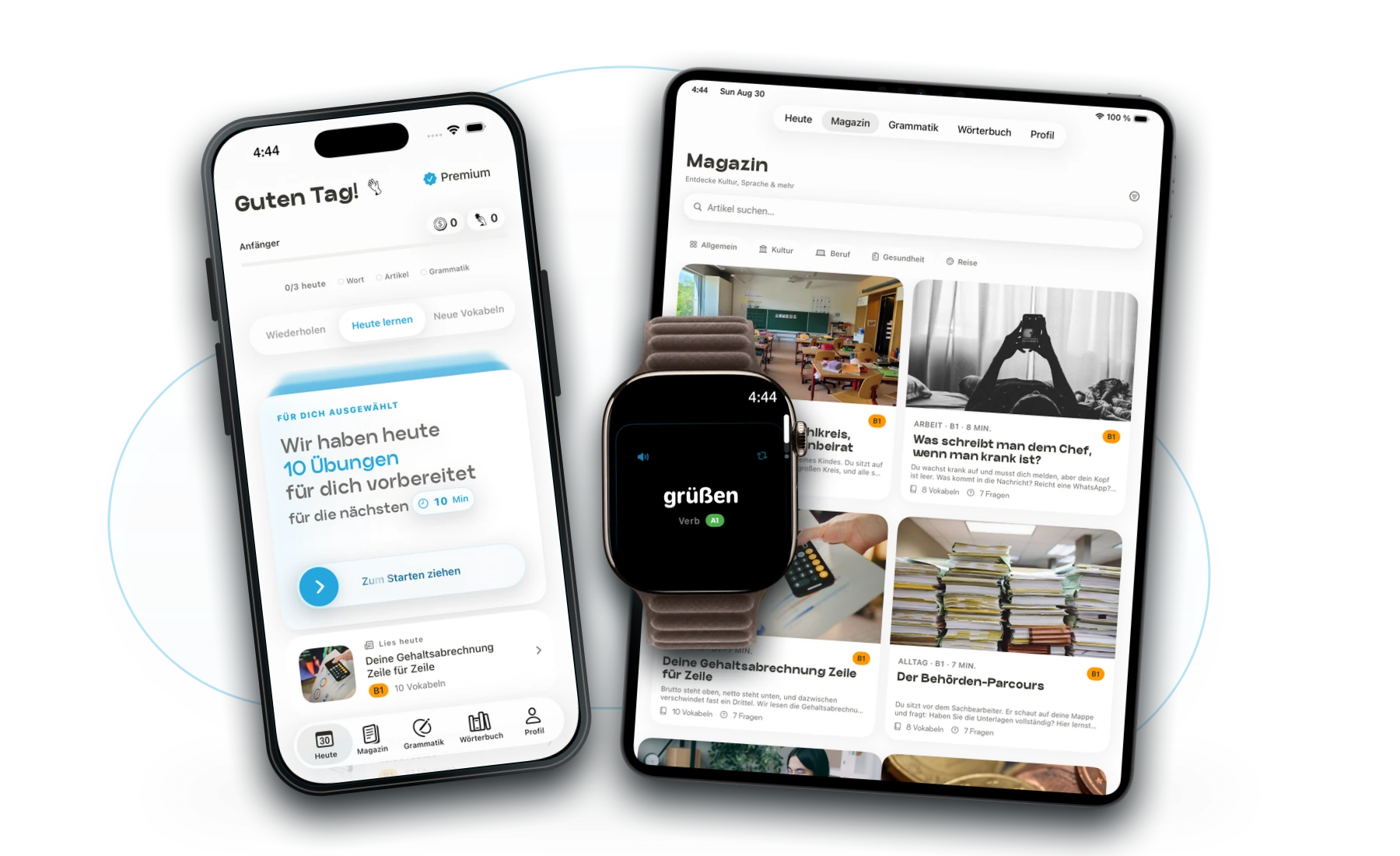 Germanize on iPhone, iPad and Apple Watch, brought together in the cloud.