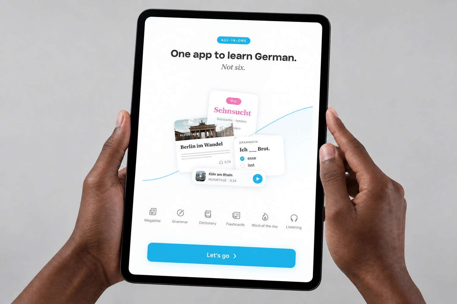 Germanize: app features on iPad, held by dark-skinned hands.